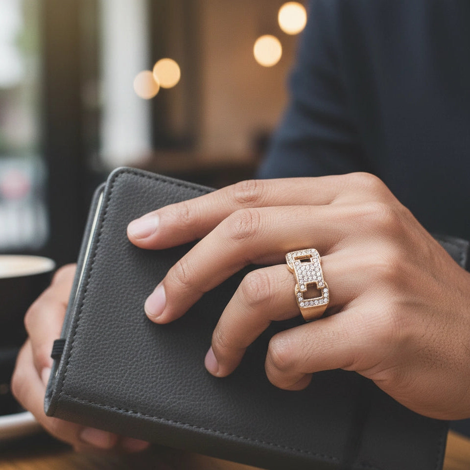 Iced Out Buckle Design Men's Statement Ring - Hip Hop Bling Jewelry