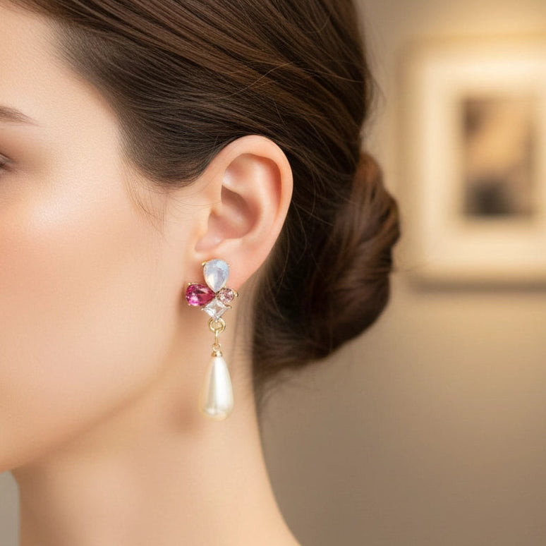 Vintage-Inspired Crystal & Pearl Drop Earrings (12 Pairs)