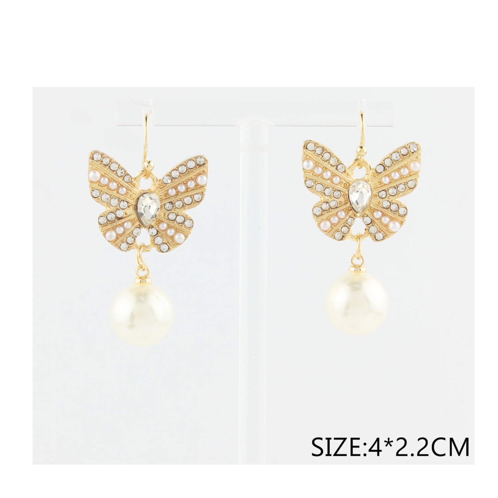Whimsical Gold-Tone Butterfly Dangle Earrings | Vintage-Inspired Pearl & Rhinestone Jewelry