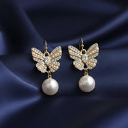 Whimsical Gold-Tone Butterfly Dangle Earrings | Vintage-Inspired Pearl & Rhinestone Jewelry