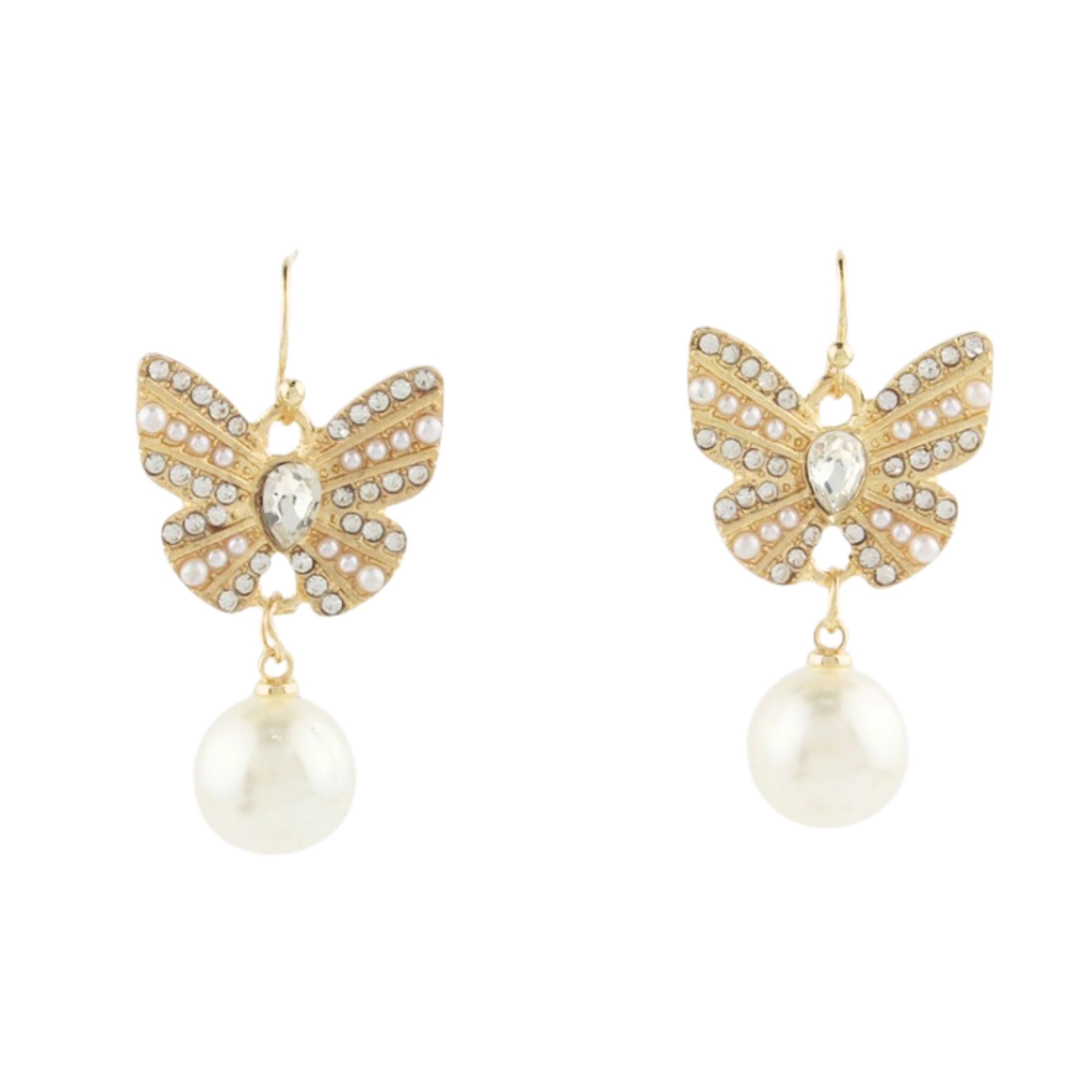 Whimsical Gold-Tone Butterfly Dangle Earrings | Vintage-Inspired Pearl & Rhinestone Jewelry