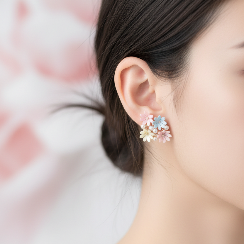 Chic Floral Cluster Stud Earrings with Pearl Accents – 6 Color Varieties | Pastel Flower Statement Earrings, Cute Summer Jewelry Pack, Romantic Gift for Her (AER1452)
