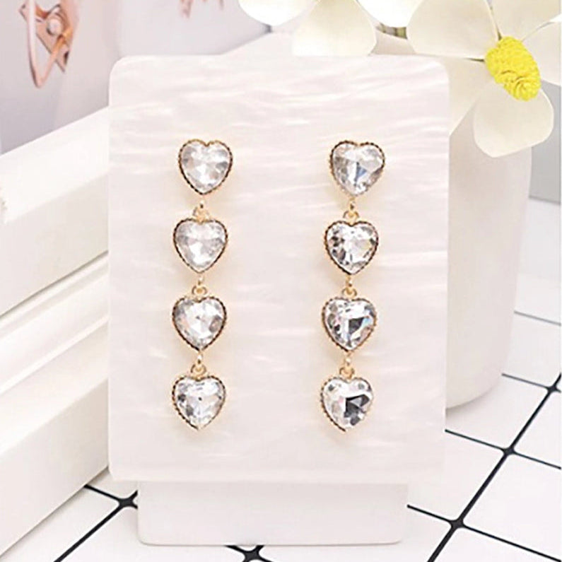 Sparkling Crystal Four-Heart Drop Earrings – Long Rhinestone Dangle Earrings for Women (AER1627)