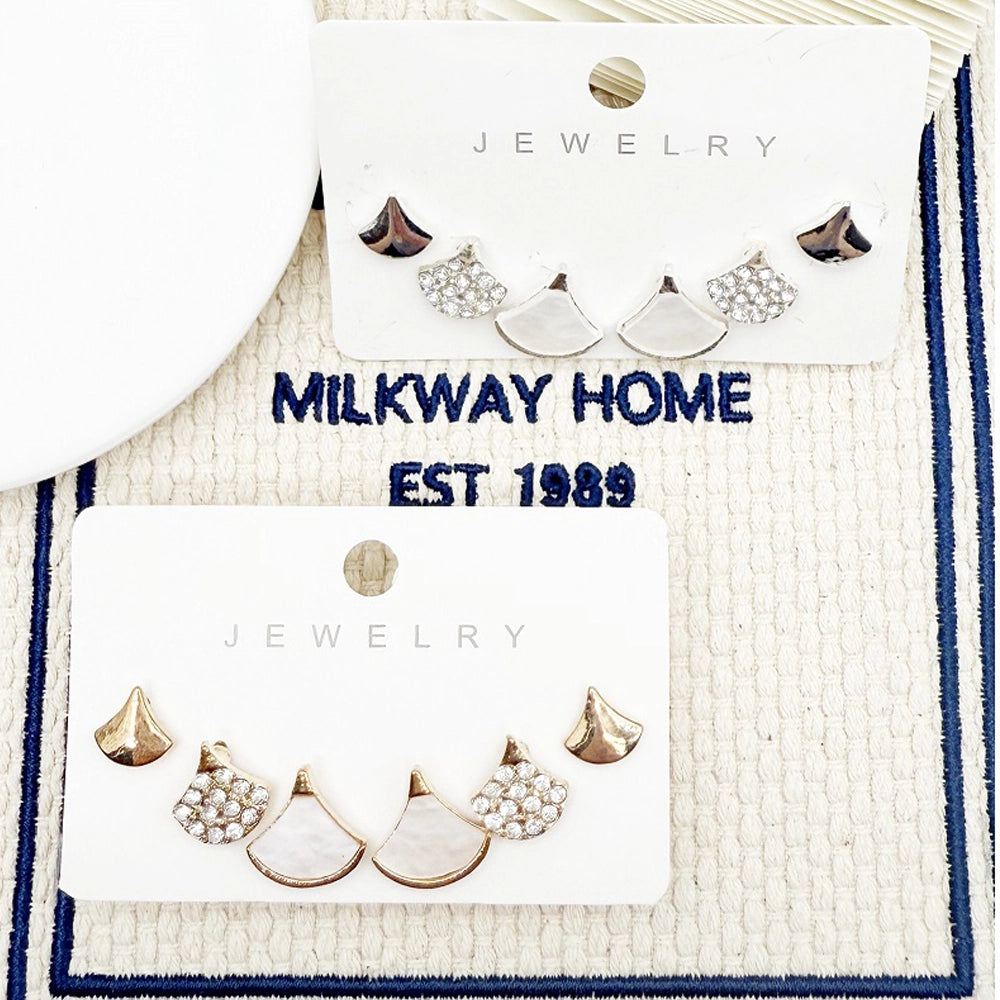 Mermaid Scale Stud Earring Set | Rhinestone Fan Jewelry | Pearl & Crystal Triangle Earrings