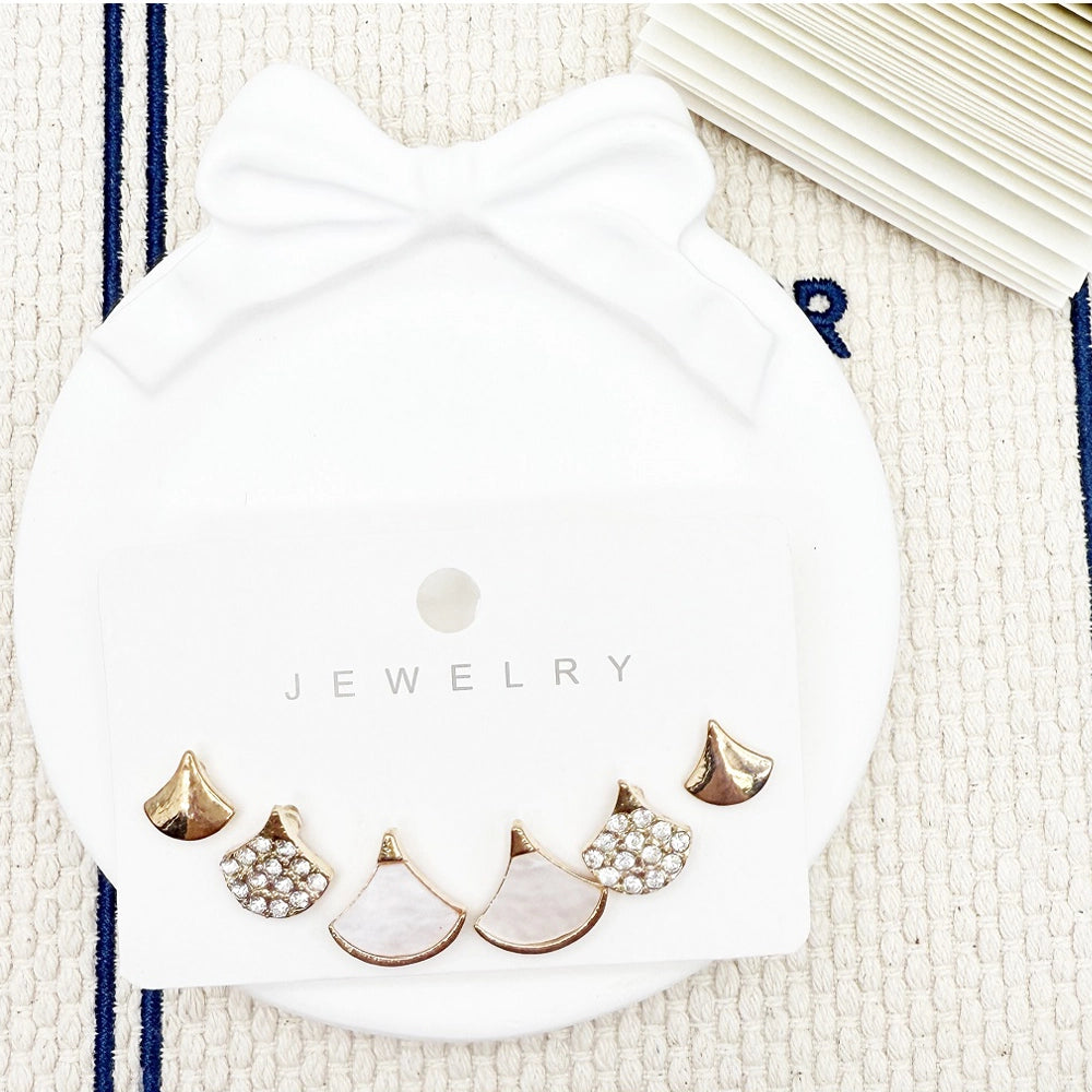 Mermaid Scale Stud Earring Set | Rhinestone Fan Jewelry | Pearl & Crystal Triangle Earrings