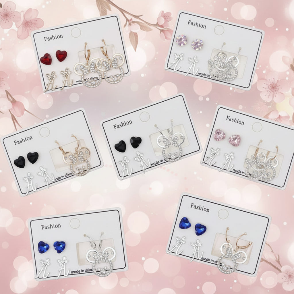 Trendy 3-Pair Earring Set with Rhinestone Mickey Mouse Dangles, Heart Studs, and Initial Letter A Studs | Fashion Jewelry Gift Pack (AER1768M)