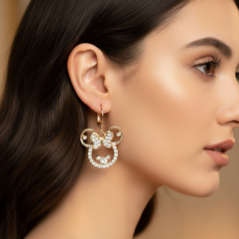 Trendy 3-Pair Earring Set with Rhinestone Mickey Mouse Dangles, Heart Studs, and Initial Letter A Studs | Fashion Jewelry Gift Pack (AER1768M)
