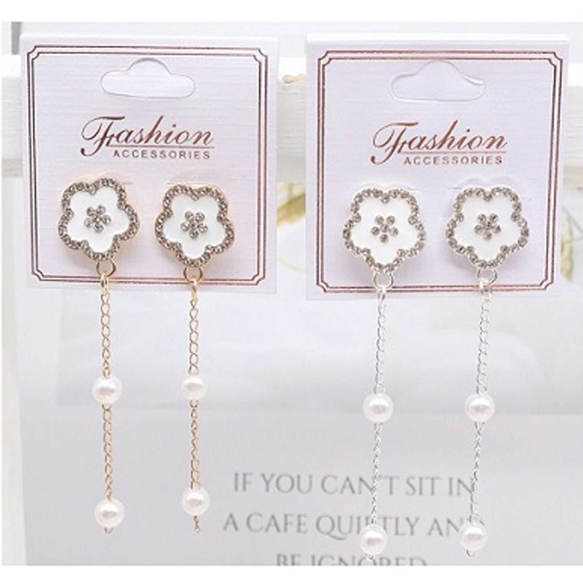Elegant Flower Rhinestone Drop Earrings with Pearl Chain Dangles (AER1770)