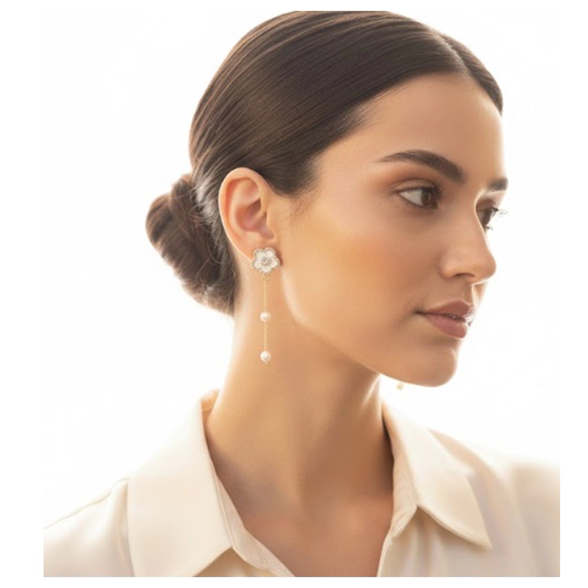 Elegant Flower Rhinestone Drop Earrings with Pearl Chain Dangles (AER1770)
