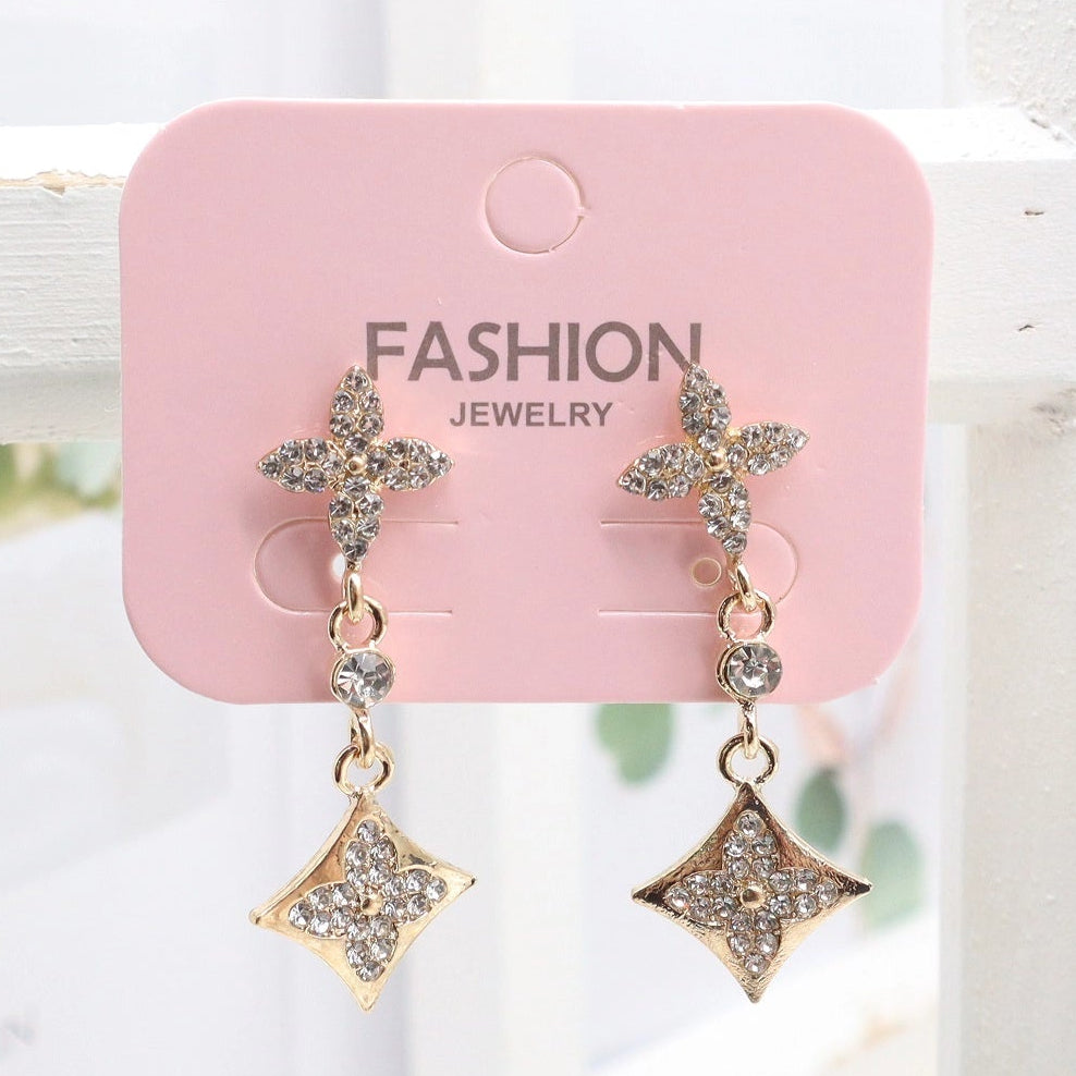 Sparkling Pavé Floral Drop Earrings - Gold-Tone Clover & Rhombus Dangle (AER1785)