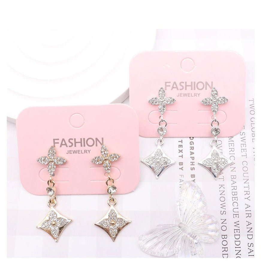 Sparkling Pavé Floral Drop Earrings - Gold-Tone Clover & Rhombus Dangle (AER1785)