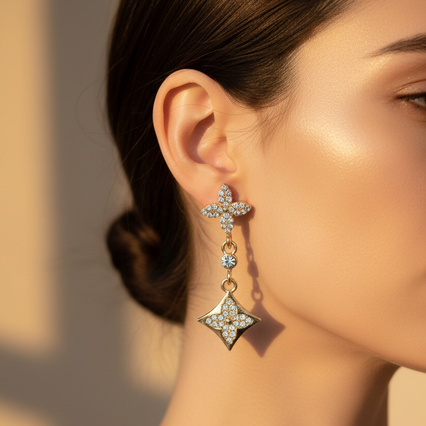 Sparkling Pavé Floral Drop Earrings - Gold-Tone Clover & Rhombus Dangle (AER1785)