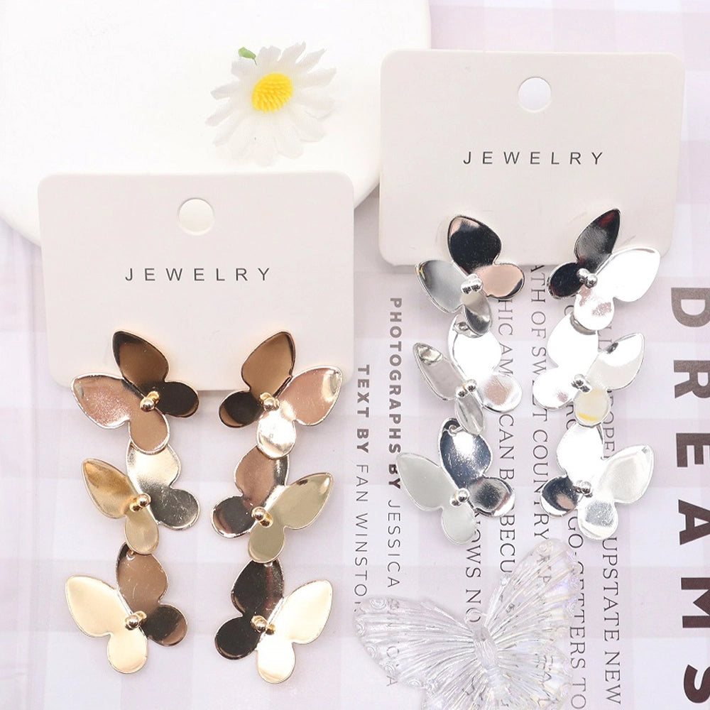 Tiered Butterfly Dangle Earrings - Cascading Metallic Butterfly Drop Statement Jewelry (AER1790)