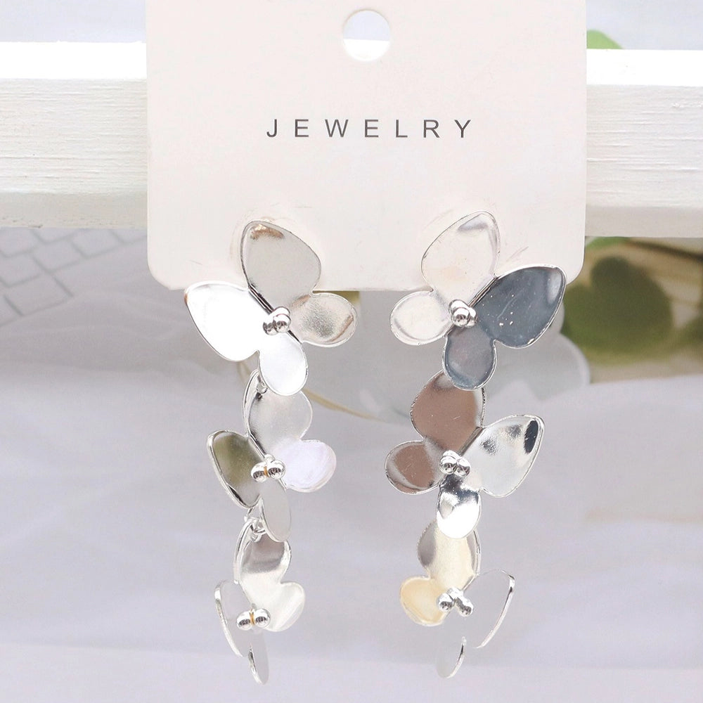 Tiered Butterfly Dangle Earrings - Cascading Metallic Butterfly Drop Statement Jewelry (AER1790)