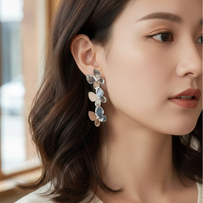 Tiered Butterfly Dangle Earrings - Cascading Metallic Butterfly Drop Statement Jewelry (AER1790)