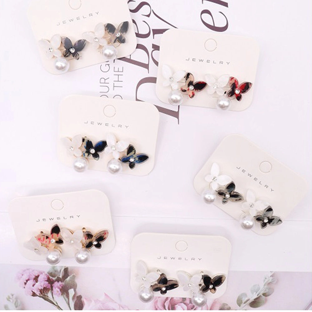Elegant Butterfly Pearl Drop Earrings - Rhinestone Butterfly Studs with Tortoiseshell & Floral Patterns (AER1797)