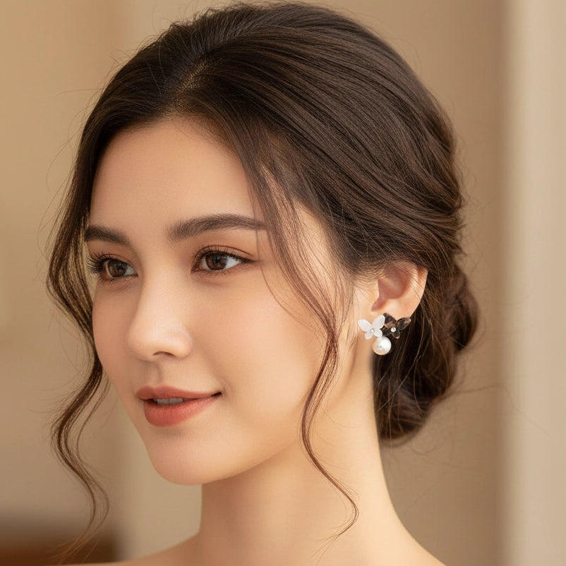 Elegant Butterfly Pearl Drop Earrings - Rhinestone Butterfly Studs with Tortoiseshell & Floral Patterns (AER1797)