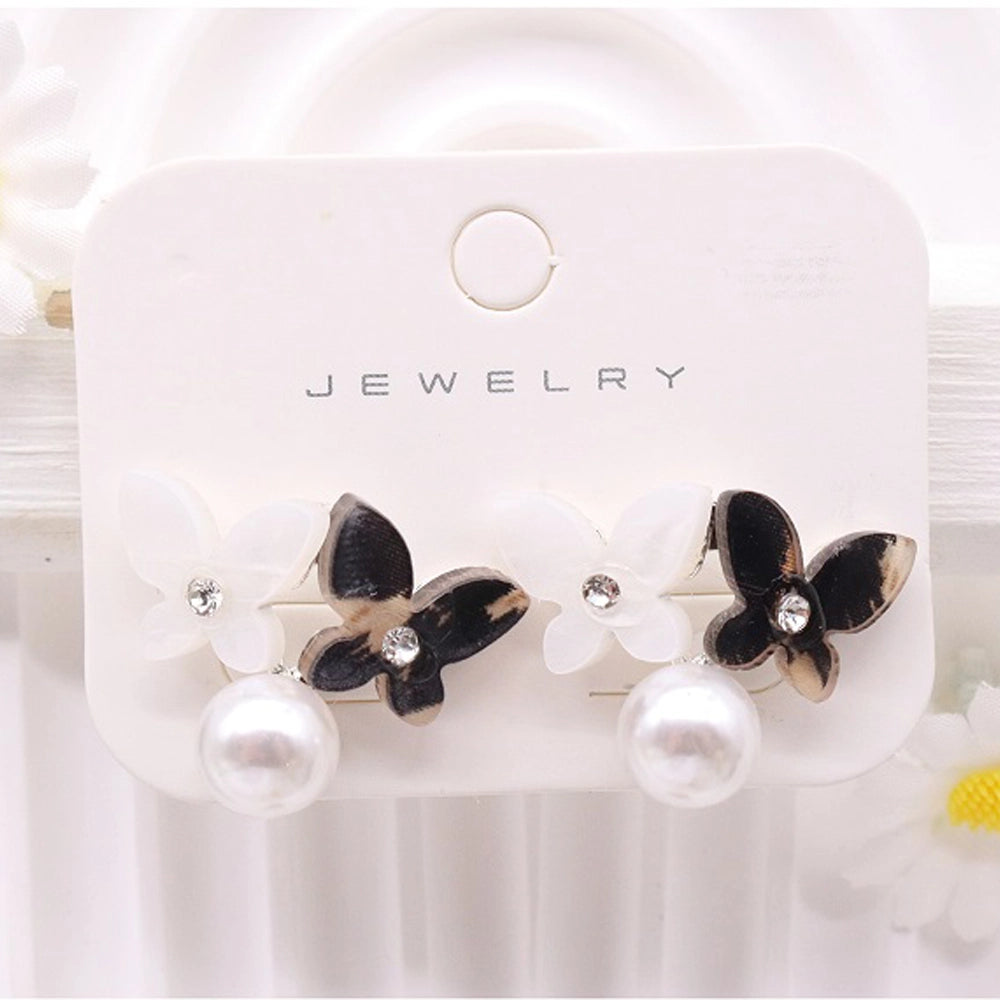 Elegant Butterfly Pearl Drop Earrings - Rhinestone Butterfly Studs with Tortoiseshell & Floral Patterns (AER1797)