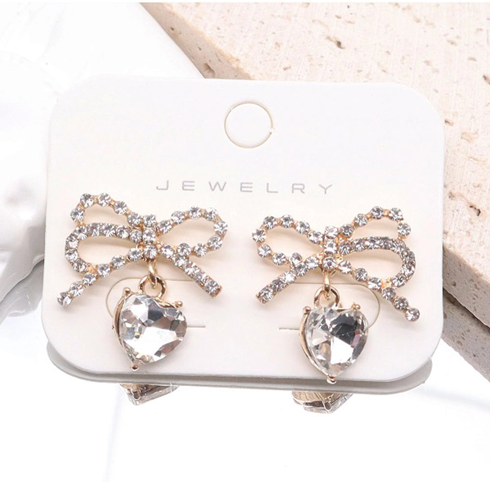 Sparkling Rhinestone Bow & Heart Dangle Earrings (AER1819)
