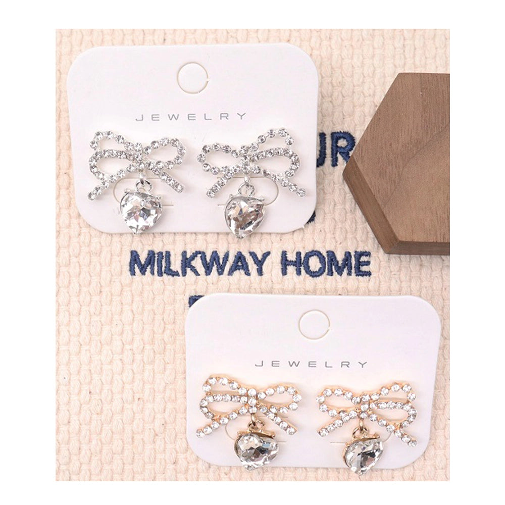 Sparkling Rhinestone Bow & Heart Dangle Earrings (AER1819)