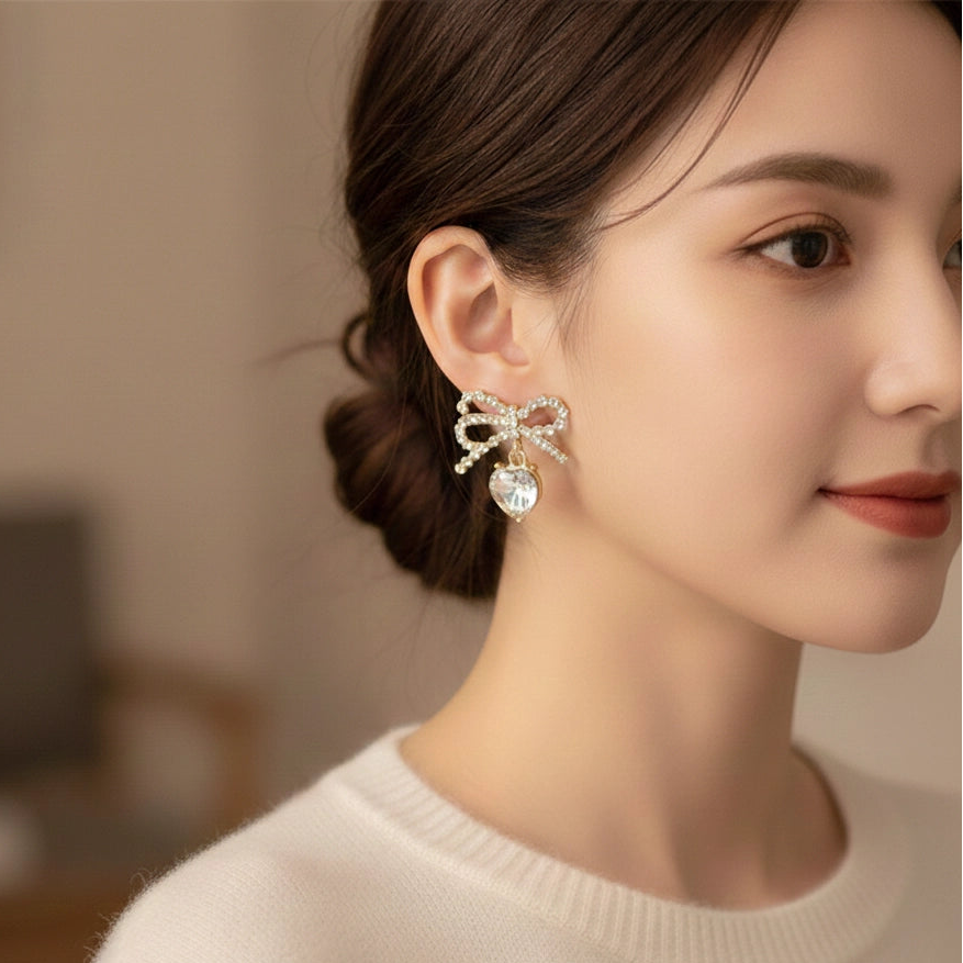 Sparkling Rhinestone Bow & Heart Dangle Earrings (AER1819)