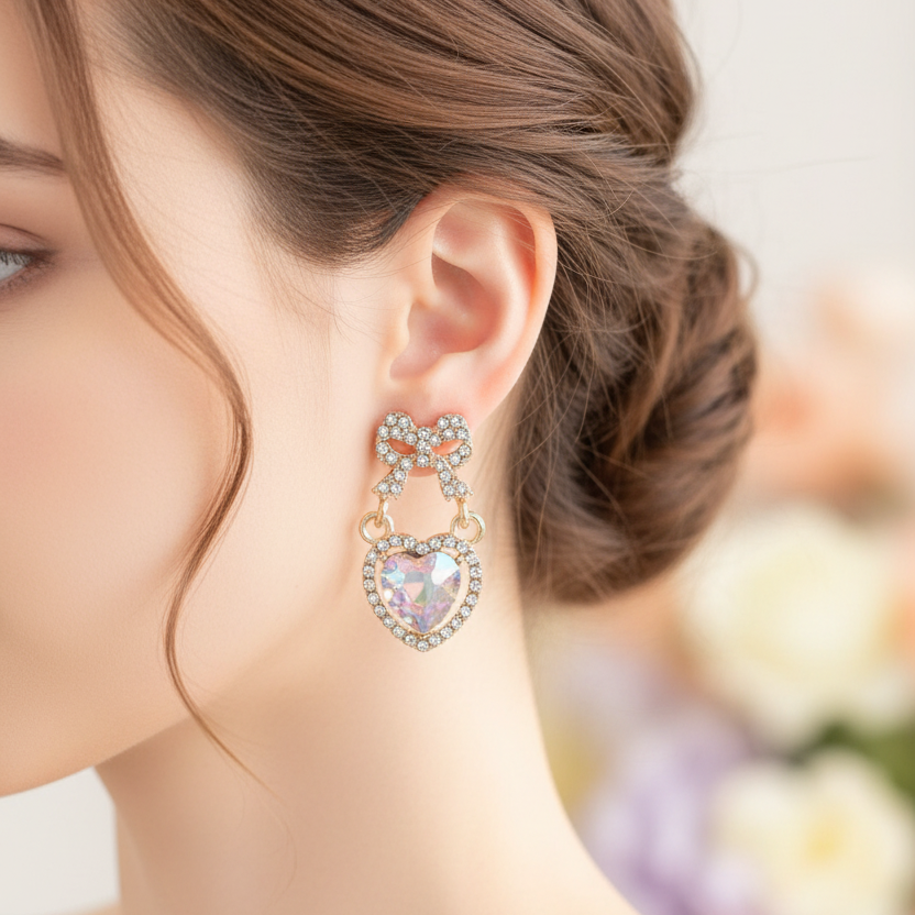 Sparkling Bow & Crystal Heart Dangle Earrings – Coquette Rhinestone Drop Earrings for Women (AER1822)