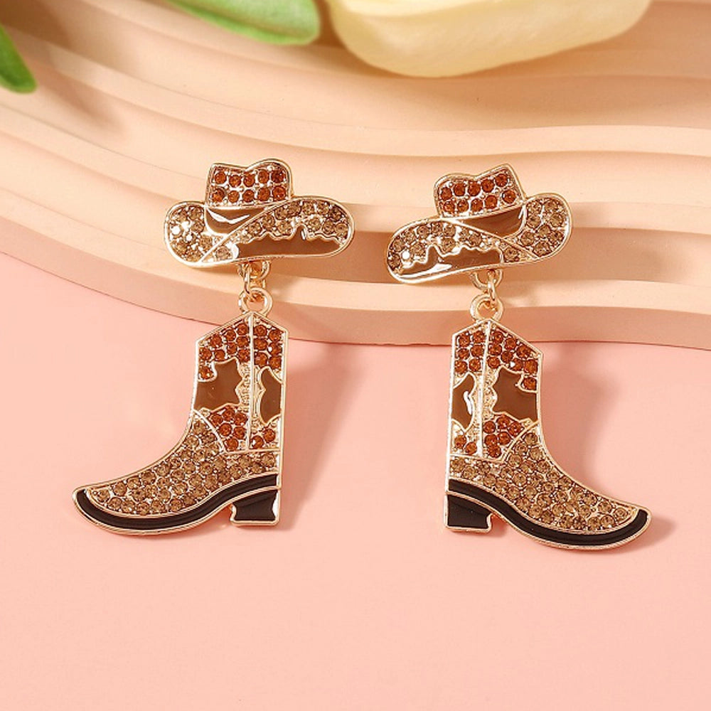 Sparkling Rhinestone Cowboy Boot & Hat Drop Earrings - Western Cowgirl Statement Jewelry (AER1842)