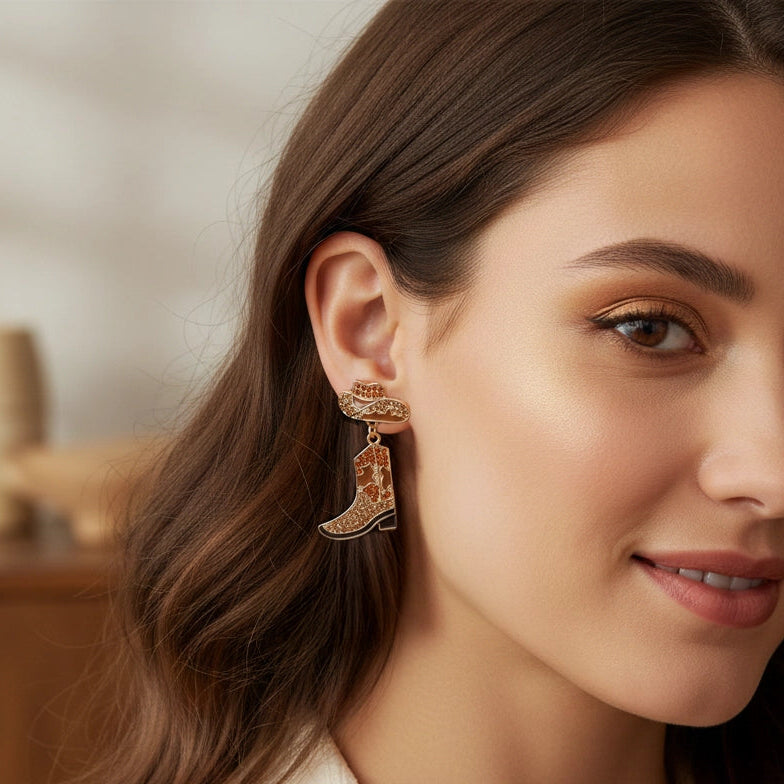 Sparkling Rhinestone Cowboy Boot & Hat Drop Earrings - Western Cowgirl Statement Jewelry (AER1842)