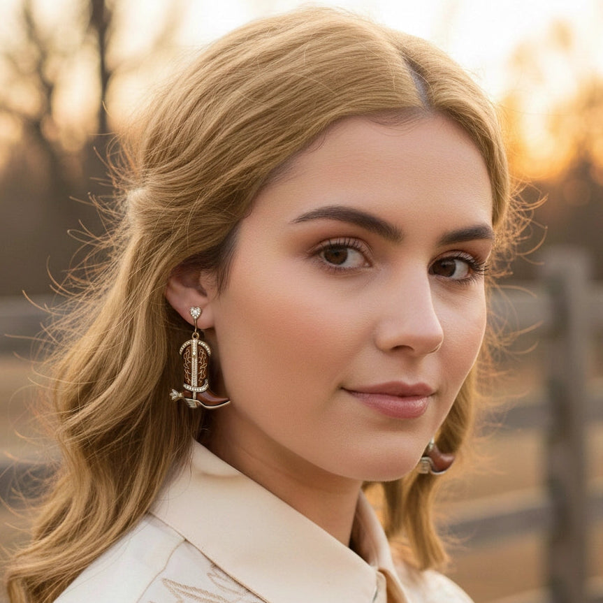 Western Rhinestone Cowboy Boot Drop Earrings (AER1844)