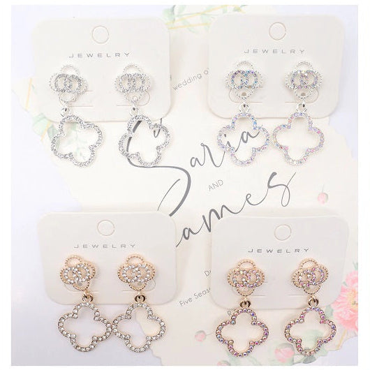 Elegant Crystal Clover Dangle Earrings – Sparkling Quatrefoil Drop Jewelry (AER1846)