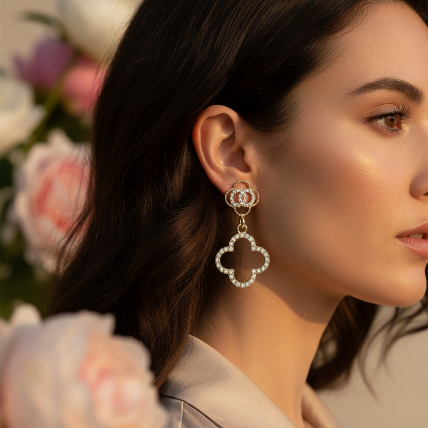 Elegant Crystal Clover Dangle Earrings – Sparkling Quatrefoil Drop Jewelry (AER1846)