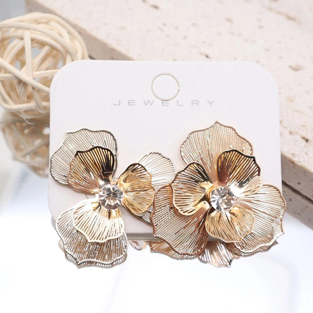 Gold Floral Studs Crystal Center Flower Earrings Sculptural Petal (AER1860)