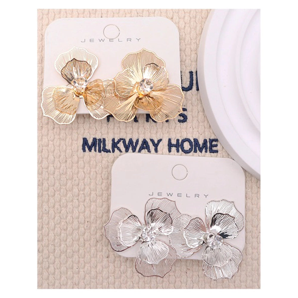 Gold Floral Studs Crystal Center Flower Earrings Sculptural Petal (AER1860)