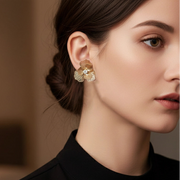 Gold Floral Studs Crystal Center Flower Earrings Sculptural Petal (AER1860)