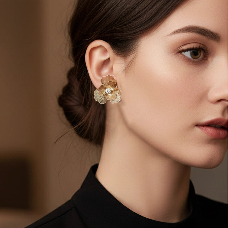 Gold Floral Studs Crystal Center Flower Earrings Sculptural Petal (AER1860)