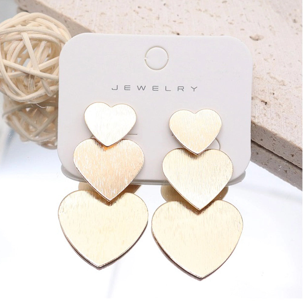 Elegant Triple Tiered Brushed Metal Heart Drop Earrings (AER1868)