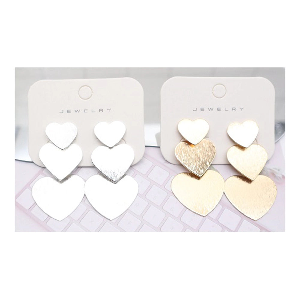 Elegant Triple Tiered Brushed Metal Heart Drop Earrings (AER1868)