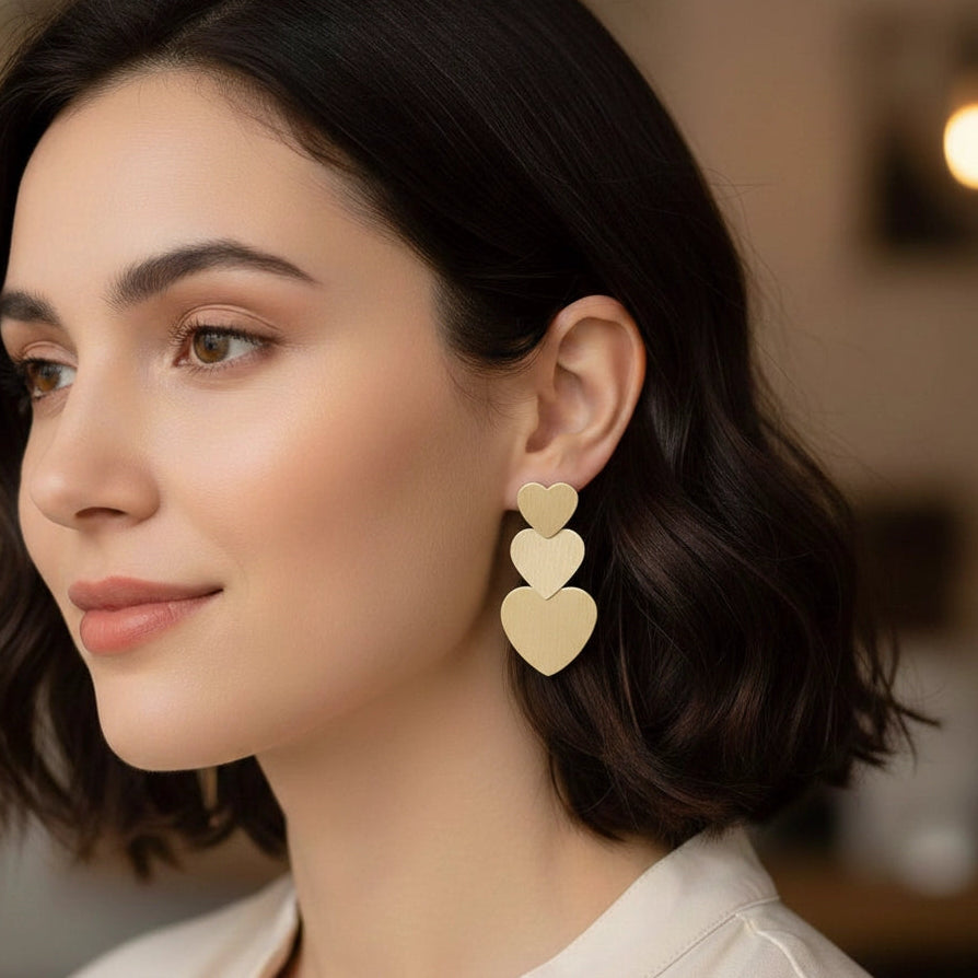 Elegant Triple Tiered Brushed Metal Heart Drop Earrings (AER1868)