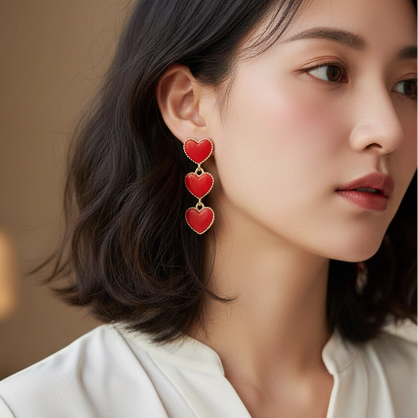 Triple Tier Enamel Heart Drop Earrings – "My Valentine" (AER1871)