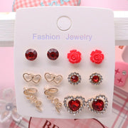 6-Pair Romantic Stud Earring Set – Red Rose, Gold Heart & Crystal "Love" Designs (AER1888)