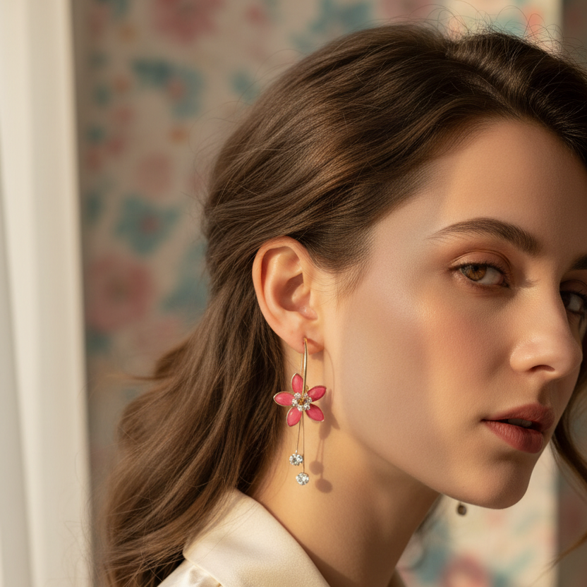 Elegant Flower Hoop Dangle Earrings with Rhinestone Charms – Cute Floral Drop Earrings for Women (AER1889)