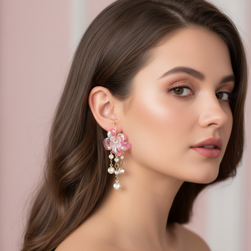 Iridescent Acrylic Flower Dangle Earrings | Crystal Tassel Drop Hoop Earrings for Women & Girls | Floral Statement Jewelry (AER1893)