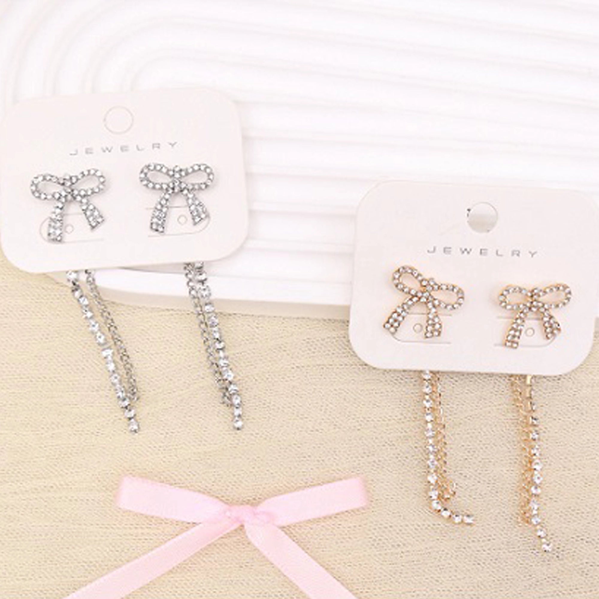 Sparkling Rhinestone Bow Dangle Earrings – Long Tassel Drop Earrings (AER1895)
