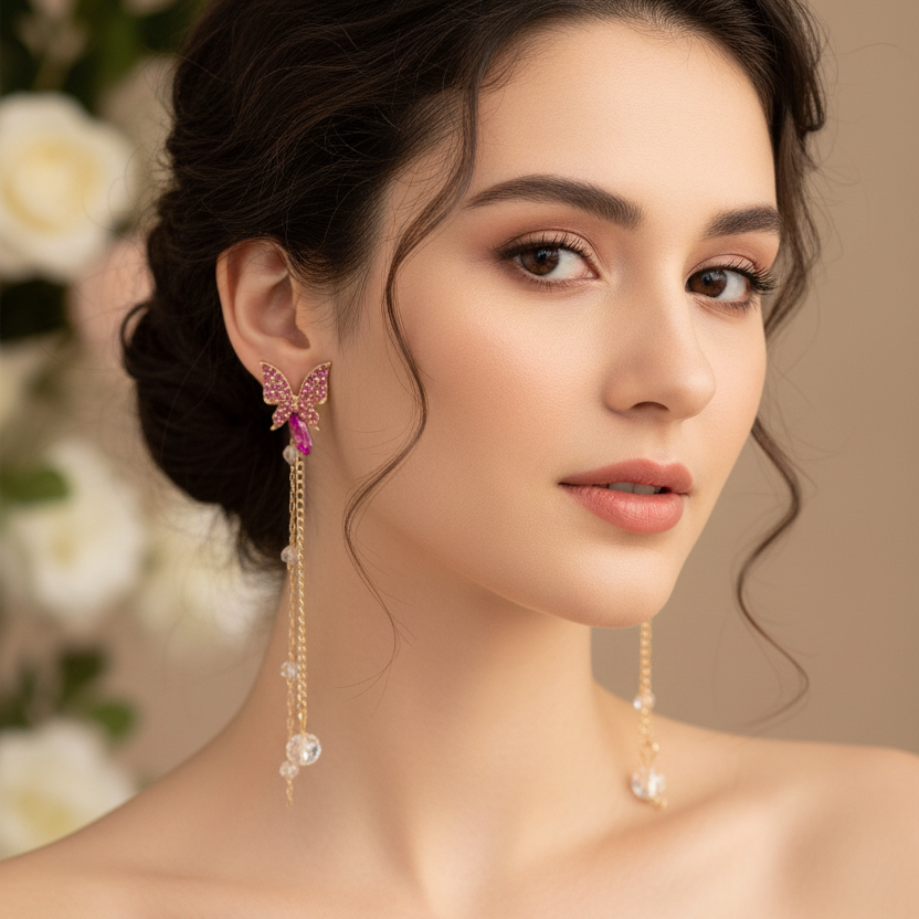 Sparkling Rhinestone Butterfly Long Tassel Drop Earrings (AER1896)