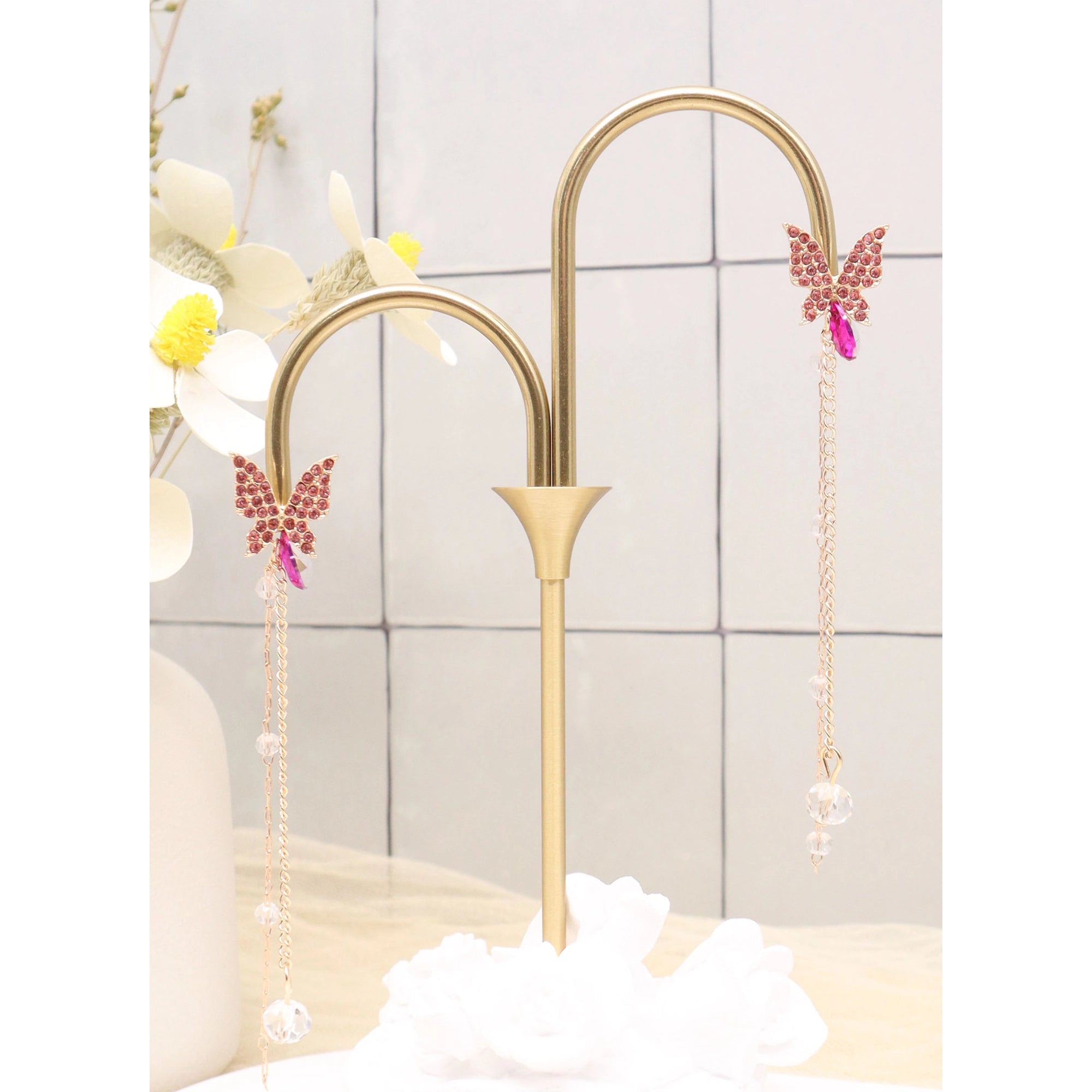Sparkling Rhinestone Butterfly Long Tassel Drop Earrings (AER1896)
