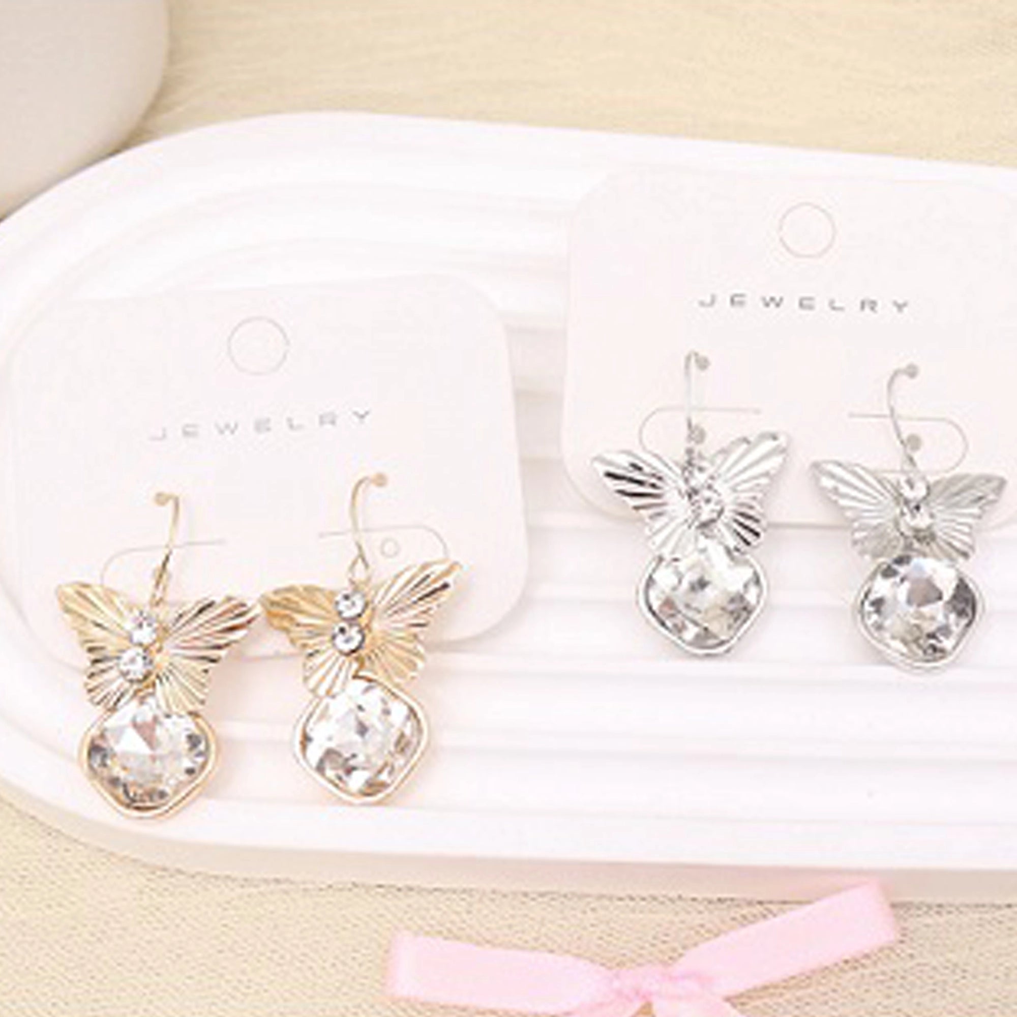 Gold and Silver Butterfly Crystal Drop Earrings - Elegant Rhinestone Dangle Jewelry (AER1903)