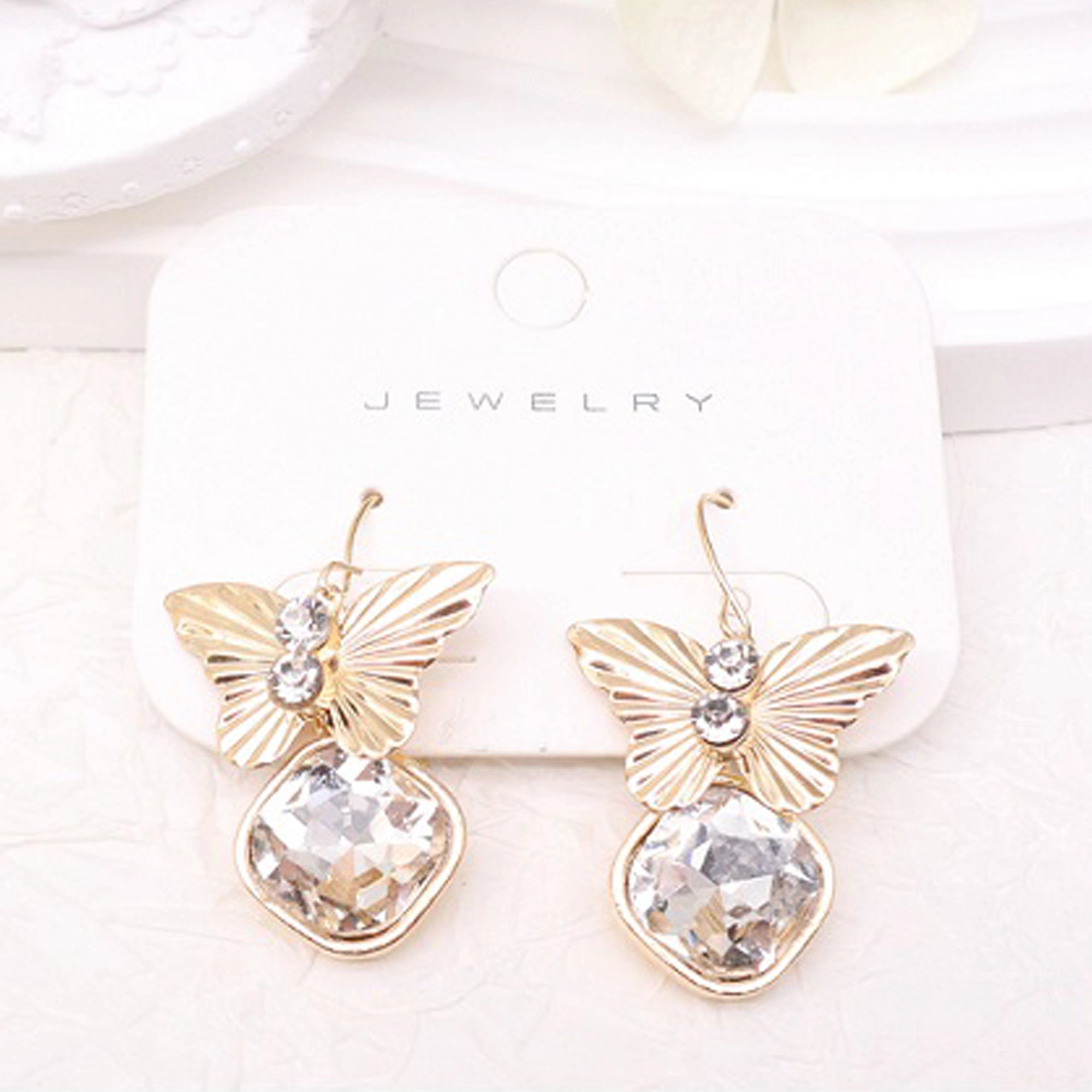 Gold and Silver Butterfly Crystal Drop Earrings - Elegant Rhinestone Dangle Jewelry (AER1903)