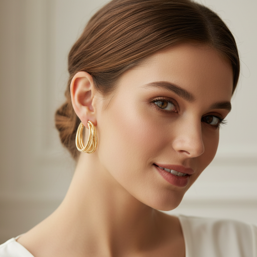 3-Pair Trendy Earring Set for Women | Elegant Flower Studs, Sparkling Crystal Solitaires, and Triple-Layer Hoop Earrings (AER1909)