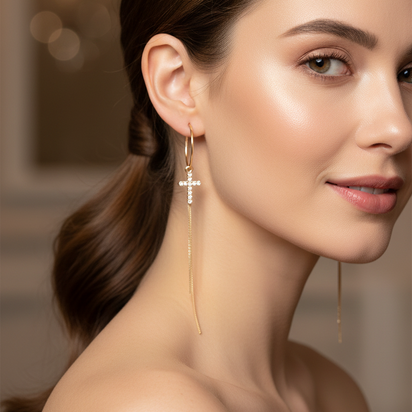 Cross Tassel Hoop Earrings for Women | Dainty Rhinestone Long Chain Drop Earrings (AER1910)