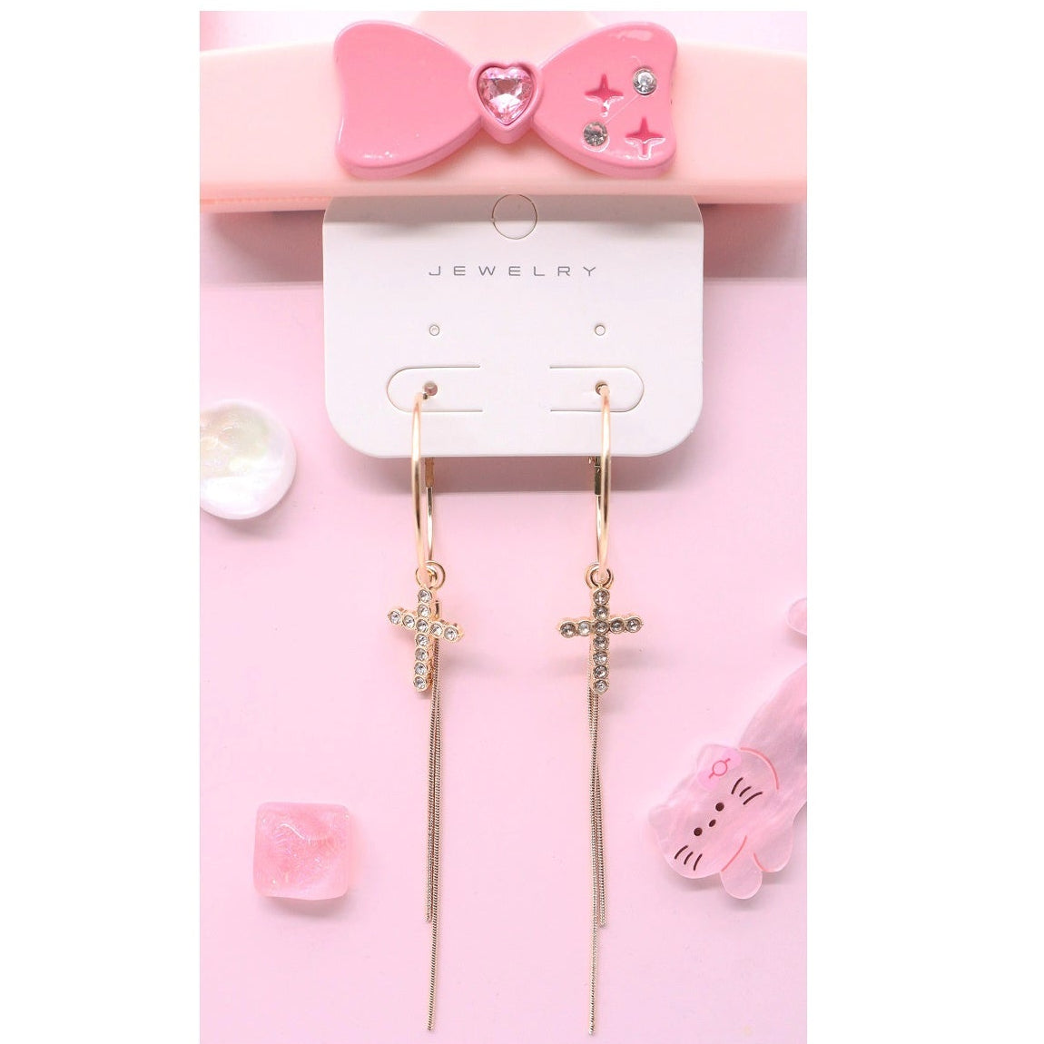 Cross Tassel Hoop Earrings for Women | Dainty Rhinestone Long Chain Drop Earrings (AER1910)